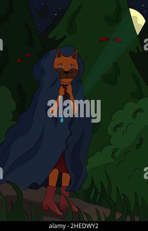 Beautiful and mystical illustration for a children's book. Mysterious cat witch walks in the woods with a magic amulet around his neck. The magical Stock Vector