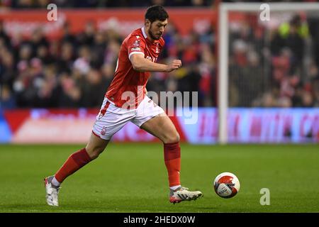 NOTTINGHAM, UK. JAN 9TH Scott McKenna of Nottingham Forest runs with the ball during the FA Cup Third Round match between Nottingham Forest and Arsenal at the City Ground, Nottingham on Sunday 9th January 2022. (Credit: Jon Hobley | MI News) Credit: MI News & Sport /Alamy Live News Stock Photo