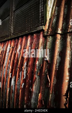 Red peeling paint on agricultural silos made of corrugated metal. Stock Photo