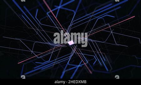 Technological background with colorful digitalization process of computer data transmission. Futuristic board chip, virtual machine pattern. Stock Photo