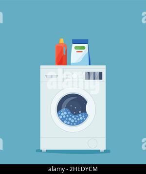Washing machine and cleaning products. vector illustration in flat style. Eps 10 Stock Vector