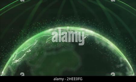 Abstract futuristic rotating world globe in particles or small dots. Modern technology background for broadcast. Virtual digital planet Earth on black Stock Photo