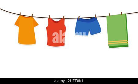 Clothes hanging from a wire to dry,Vector illustration in a flat style. Stock Vector