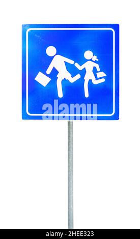 School warning crosswalk street sign on a rod isolated on white Stock Photo