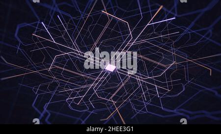 Process of automatically signal transmission on black background. The movement and processing of data inside a server or computer. Stock Photo