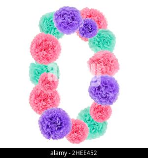 Number 0 from pastel paper flowers. Stock Photo