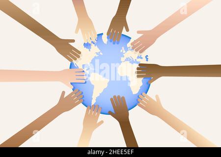 Multiethnic Hands around the globe Earth day, People of the world concept. Vector illustration Stock Vector