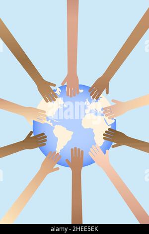 Multiethnic Hands around the globe Earth day, People of the world concept. Vector illustration Stock Vector