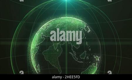 Abstract futuristic rotating world globe in particles or small dots. Modern technology background for broadcast. Virtual digital planet Earth on black Stock Photo