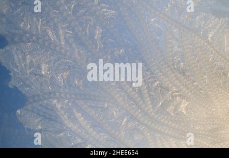 Ice flowers form an abstract pattern on glass Stock Photo