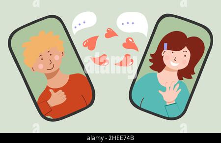 Happy woman and man chatting through phone screens. A virtual relationship between a girl and a guy over the Internet and social networks in the meta Stock Vector