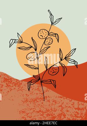 Modern minimalist bohemian abstraction with a tropical plant. Abstract aesthetic illustration. Scandinavian style vector background for wall art Stock Vector