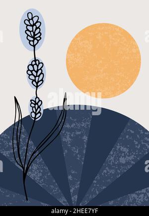 Modern aesthetic collage with hand-drawn lavender flower. Abstract vector print in boho style. Earthy pastel tones. Minimalist mid-century art design Stock Vector
