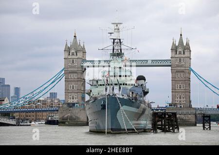 Museum ship HMS Belfast moored in the River Thames Stock Photo