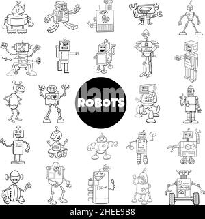 Black and white cartoon illustration of robots and androids fantasy characters big set Stock Vector