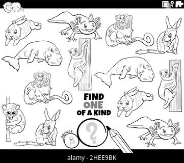 Black and white cartoon illustration of find one of a kind picture educational game with comic animal characters coloring book page Stock Vector