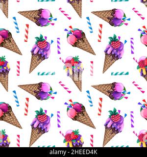Bright seamless pattern with colorful ice cream cones and striped candy sticks Stock Photo