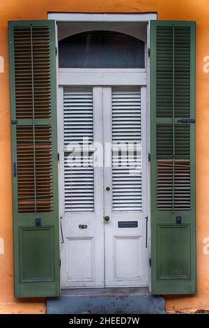 Old Door And Shutters In The French Quarter: New Orleans Stock Photo