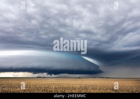 Shelf cloud (arcus) on a dramatic supercell storm approaching over a field in Colby, Kansas, USA Stock Photo