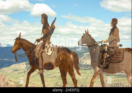 Dead Indian Pass on Chief Joseph Byway Highway in Northwest Wyoming shows tin art of Nez Perce Indians as they travel  through surrounding mountains. Stock Photo