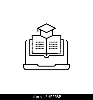 Online education outline vector icon graduation cap laying on book line icon Stock Vector