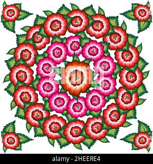 Mexican floral embroidery pattern, ethnic colorful Mandala native flowers folk fashion design. Embroidered Traditional Textile Style of Mexico, vector Stock Vector