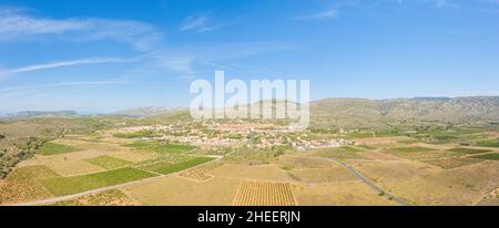 This landscape photo was taken in Europe, in France, in Occitanie, in the Eastern Pyrenees, in summer. We see the panoramic view of the medieval villa Stock Photo