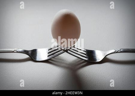 An egg balances on two forks.  Soft backlighting. Stock Photo