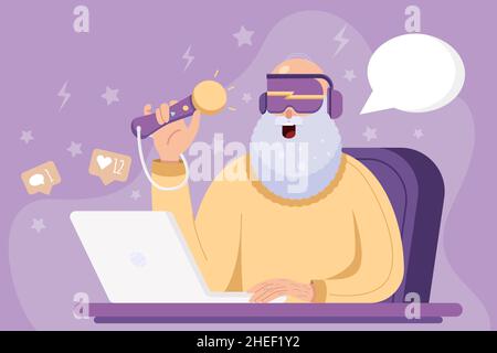 Old man playing video games, elderly gamer with laptop and headphones smiling. Concept illustration of gray haired grandfather sitting in the armchair Stock Vector