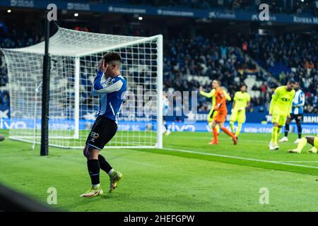Cornella, Spain. 10th Jan, 2022. Espanyol's Nico Melamed reacts during a Spanish first division league football match between RCD Espanyol and Elche CF in Cornella, Spain, on Jan. 10, 2022. Credit: Joan Gosa/Xinhua/Alamy Live News Stock Photo