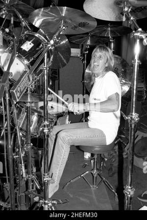 English drummer Nicko McBrain in action in 1993. Stock Photo