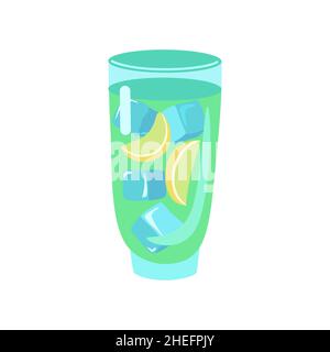 Glass of lemonade with ice and lemon slices isolated on white background. Vector cartoon illustration. Stock Vector
