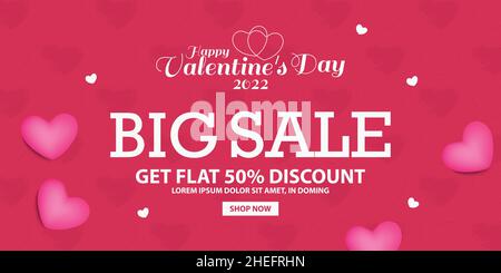 Promo Web Banner for Valentine's Day Sale. Valentine's Day Sale 50% off Poster or banner backgrounds with heart. Vector Illustration Stock Vector