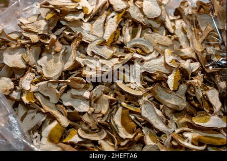 Dried white high quality porcini mushrooms on central market in Florence, Tuscany, Italy close up Stock Photo