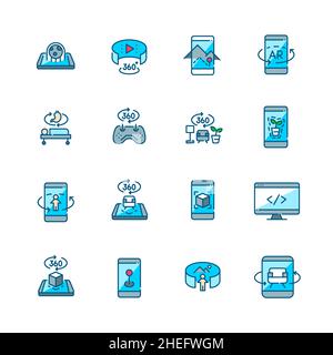 Augmented reality icons set. Uses in mobile phone and tablet for gaming, shopping and navigation. Pixel perfect, editable stroke color icons Stock Vector