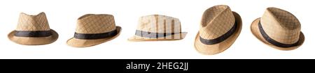 collection of woven hat in different angles, isolated on white background Stock Photo