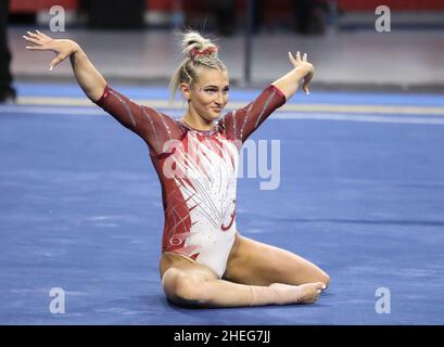 Norman, OK, USA. 9th Jan, 2022. Alabama's Lexi Graber performs her floor routine during the NCAA gymnastics meet between the Alabama Crimson Tide and the Oklahoma Sooners at the Lloyd Noble Center in Norman, OK. Kyle Okita/CSM/Alamy Live News Stock Photo