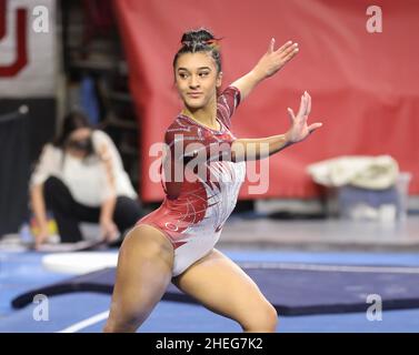 Norman, OK, USA. 9th Jan, 2022. Alabama's Luisa Blanco performs her floor routine during the NCAA gymnastics meet between the Alabama Crimson Tide and the Oklahoma Sooners at the Lloyd Noble Center in Norman, OK. Kyle Okita/CSM/Alamy Live News Stock Photo