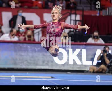 Norman, OK, USA. 9th Jan, 2022. Oklahoma's Audrey Davis performs her floor routine during the NCAA gymnastics meet between the Alabama Crimson Tide and the Oklahoma Sooners at the Lloyd Noble Center in Norman, OK. Kyle Okita/CSM/Alamy Live News Stock Photo