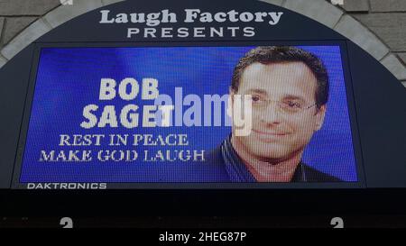 West Hollywood, California, USA 10th January 2022 A general view of atmosphere of RIP Bob Saget Marquee at The Laugh Factory on January 10, 2022 in West Hollywood, California, USA. Photo by Barry King/Alamy Stock Photo Stock Photo