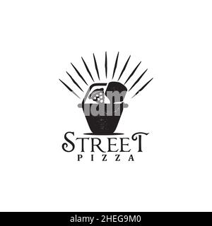Street pizza vector logo with traditional shopping cart design Stock Vector