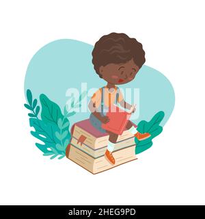 Vector illustration of a reading African boy sitting on a stack of books with plants. Education for everyone. Cartoon style. Stock Vector