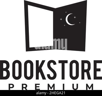 Bookstore or library logo with using open book icon like door with stars and moon background design Stock Vector