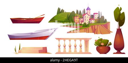 Set of summer mediterranean landscape with city on hill, boats, marble fence, steps and trees in pots. Vector cartoon illustrations of south european town, ships and balustrade Stock Vector