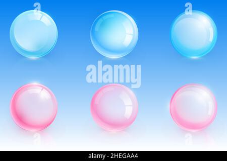 Shiny glass spheres, transparent crystal balls. Vector realistic set of 3d blue and pink clear orbs, glossy soap bubbles. Glossy translucent circles with reflections isolated on background Stock Vector