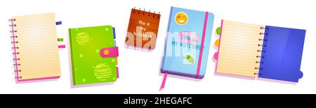 Notebooks with empty paper sheets, colorful covers, spiral binder, stickers and bookmarks. Vector cartoon set of open and closed notepads for diary, planner, education Stock Vector