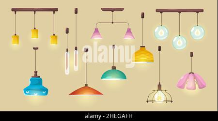 Modern ceiling lamps, stylish pendant electric lights for home or office interior. Vector cartoon set of hanging illumination accessory, chandeliers with lampshades isolated on background Stock Vector