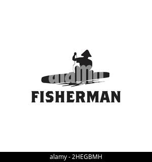 Fisherman silhouette with boat vector logo design Stock Vector
