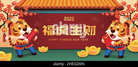 2022 Year of the Tiger banner. Illustration of two tigers in Chinese costume standing behind the house, holding red envelope and firecracker in their Stock Vector
