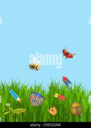 A variety of fantasy insects in a grass border. Vector Illustration. Copy space. Stock Vector